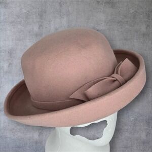 VTG Whittall & Shon Dusty Rose 100% Wool Felt Hat Bow Cloche Bollman Made in USA